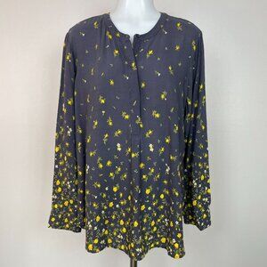 Old Navy Top Large Petite Gray Yellow Floral Long Sleeve Tunic Blouse LP Women's